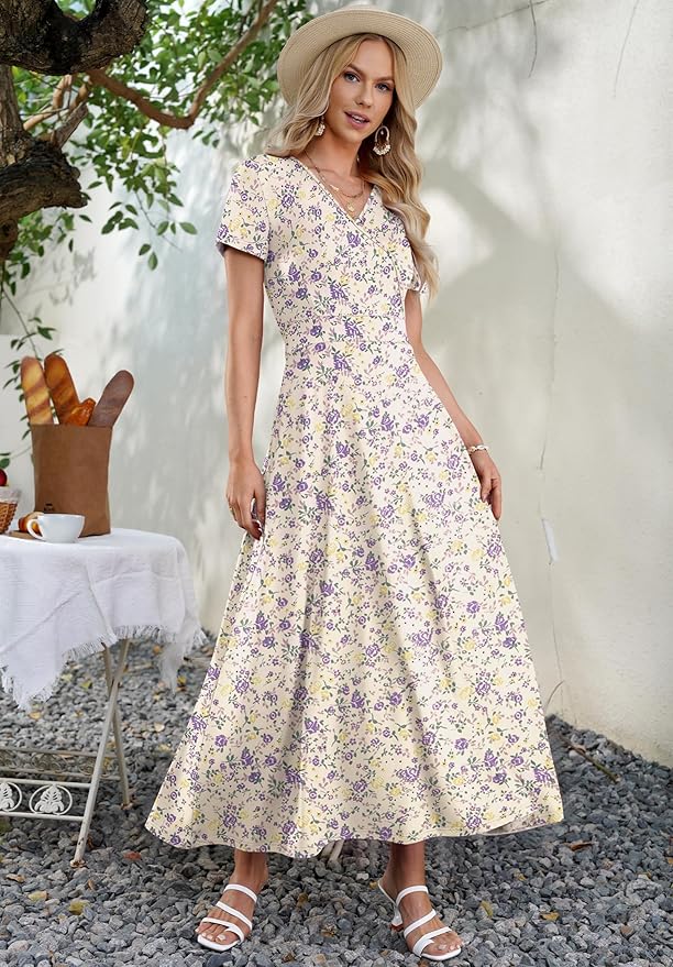 AUSELILY Maxi Dresses for Women Ankle Length Floral Print Beach Long Flowy Dress with Pockets