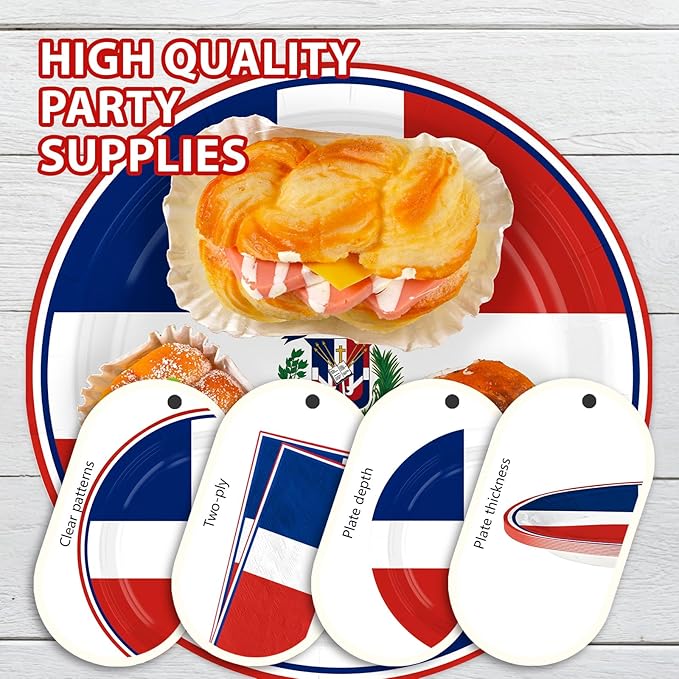 Greencian 96Pcs Dominican Republic Flag Party Decorations Dominican National Plates and Napkins Red White and Blue Flag Tableware Set for Patriotic Country Festival Party Supplies Serves 24