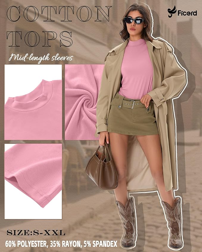 Ficerd 3 Pack Women's 1/2 Sleeve Mock Turtleneck Shirts, Elbow Length Shirt Half Sleeve Tunic Top Casual Summer Basic Tees