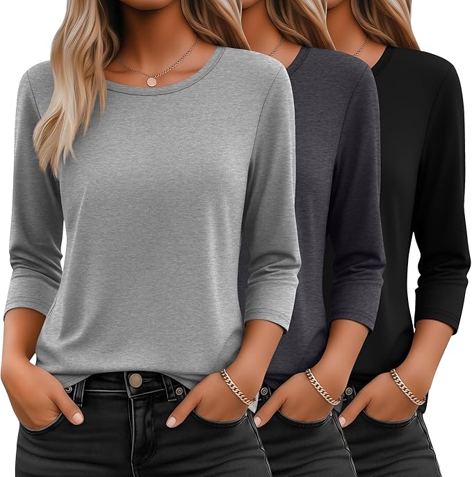 Ficerd 3 Pack 3/4 Sleeve Tops for Women Round Neck Dressy Basics Tees Casual Trendy Loose Fit T Shirts