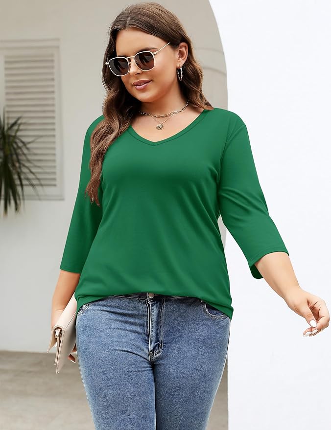 TFSDOD Womens Plus Size Tops V Neck T Shirts 3/4 Sleeve Blouse Summer Casual Tees XL-5X