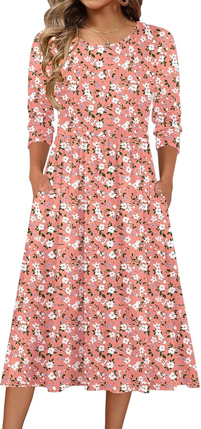 Zeagoo 3/4 Sleeve Women's Dress Casual Flowy A-Line Midi Tshirt Dresses with Pockets Crewneck Vocation Boho Beach Sundress