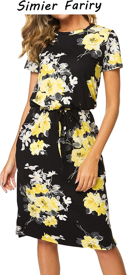 Simier Fariry Womens Spring Hide Belly Knee Length Travel Dress Pocket Summer Short Sleeve Midi Work Casual Outfits