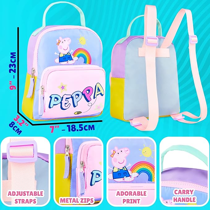 Get Trend Peppa Pig Mini Backpack for Kids Girls Toddlers 9x7” Cute Bag Travel Bag for Daycare Trips Vacation Fashion Gifts for Girls (Multi Peppa Pig)