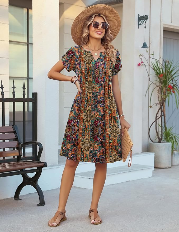 Zeagoo Women's Casual Dresses with Pockets Summer Floral V-Neck A-Line Tshirt Dress Short Sleeve Mini Dress Beach Sundress