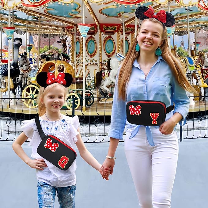 Chenille Initial Letter Bow Mouse Fanny Pack, Waterproof Park Crossbody Bag Christmas Birthday Gifts for Teen Girls Daughter Women Kids Adults, Cute Belt Bag Must Haves for Park Travel (Y, Black)