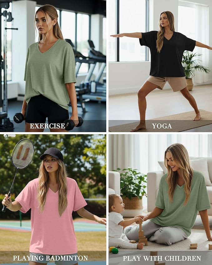 Huukeay Women's Cotton Oversized T Shirts 3 Pack V Neck Loose Fit Half Sleeve Tops Baggy Casual Summer Gym Workout Tees 2026