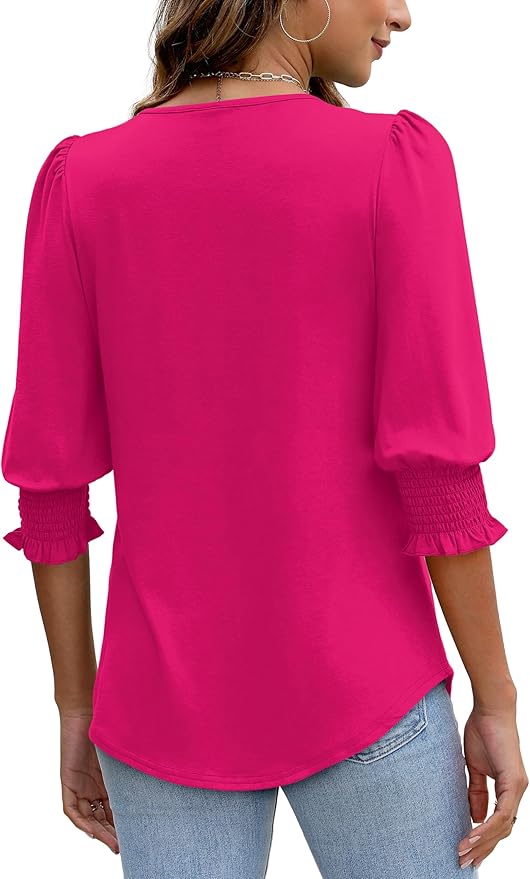 XIEERDUO Blouses for Women Dressy Casual 3/4 Length Sleeve Womens Tops with Smocked Cuffs