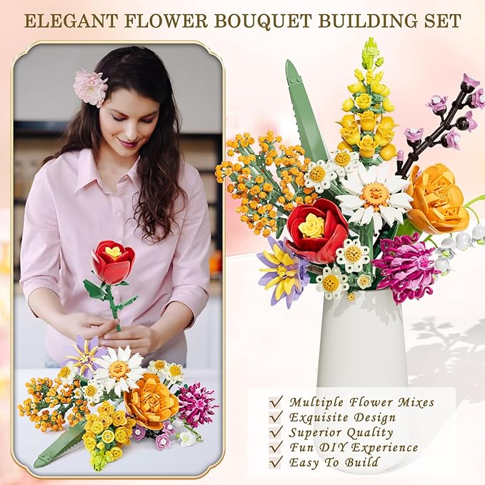 Flowers Bouquet Building Set, 1070PCS Wildflower Botanical Collection, Artificial Plant Flower Kit Toy for Adults Kids Women Her, Home Decor Gift for Birthday, Christmas, Valentines(No Vase)