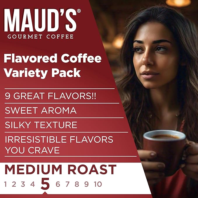 Maud's Flavored Coffee Pods Variety Pack, 40 ct, 9 Assorted Flavors, Medium Roast Flavored Coffee in Recyclable Single Serve Pods – 100% Arabica Beans, Compatible with Keurig K Cups Maker