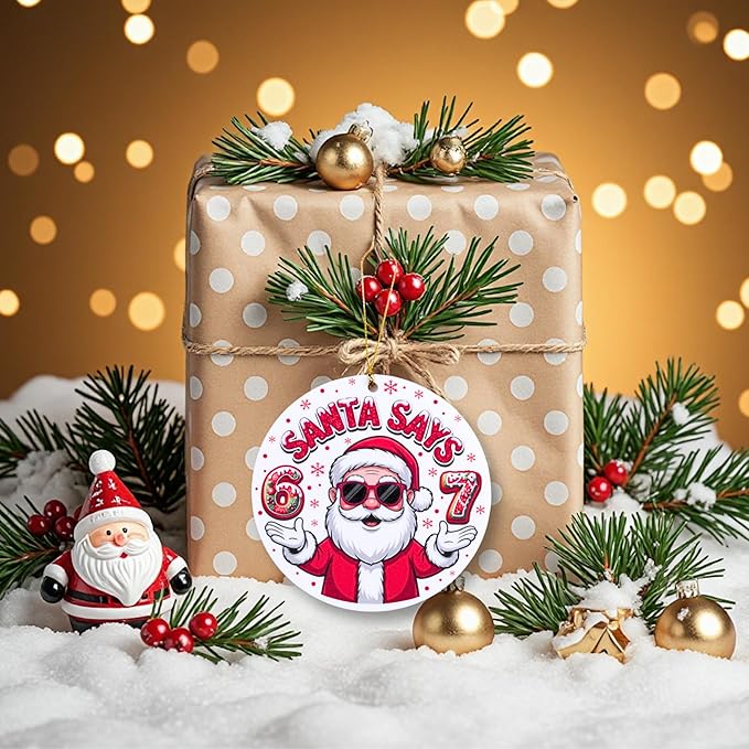67 Funny Christmas Ornament – 67 Meme Santa Says Six Seven Acrylic Mica Ornament, Funny Teen Slang Xmas Tree Decor, Viral Meme Gift for Gen Z Boys Girls