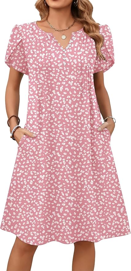 Zeagoo Women's Casual Dresses with Pockets Summer Floral V-Neck A-Line Tshirt Dress Short Sleeve Mini Dress Beach Sundress