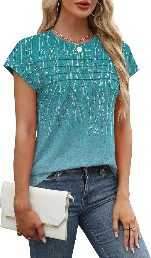 WEESO Womens Summer Tops Trendy 2026 Cap Sleeve T Shirts Crew Neck Pleated Front Beach Vacation Clothes Fashion