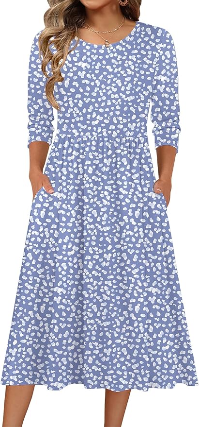 Zeagoo 3/4 Sleeve Women's Dress Casual Flowy A-Line Midi Tshirt Dresses with Pockets Crewneck Vocation Boho Beach Sundress