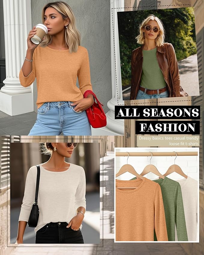 Ficerd 3 Pack 3/4 Sleeve Tops for Women Round Neck Dressy Basics Tees Casual Trendy Loose Fit T Shirts