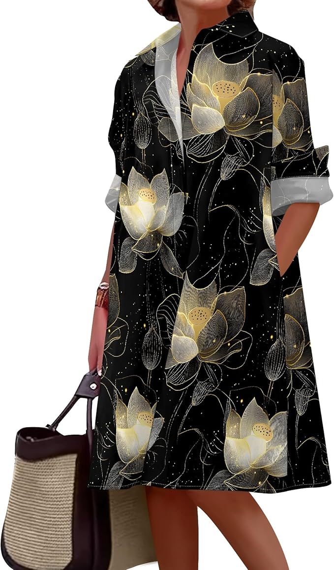 Shirt Dresses for Women 2025 Summer Long Sleeve Casual Plus Size Floral Printed Beach Vacation Dress with Pockets