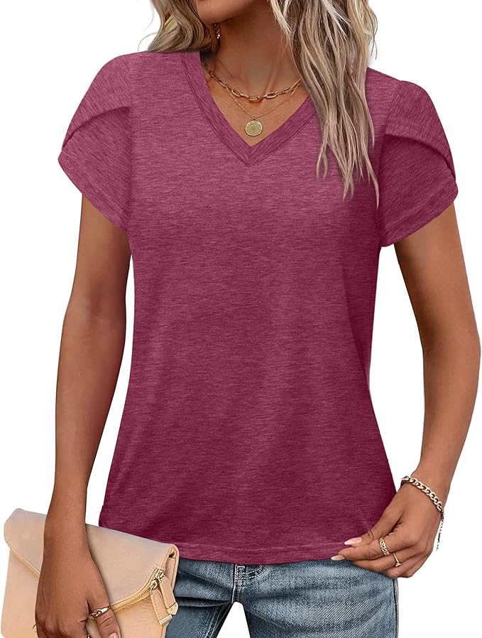 WIHOLL Womens Tops V Neck Summer Petal Sleeve Casual Tshirts