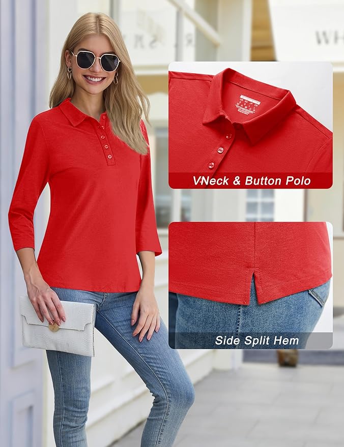YUCOLEN Polo Shirts for Women 3/4 Sleeve Tops Golf Tees 5-Button Collared Cotton Shirt Business Casual