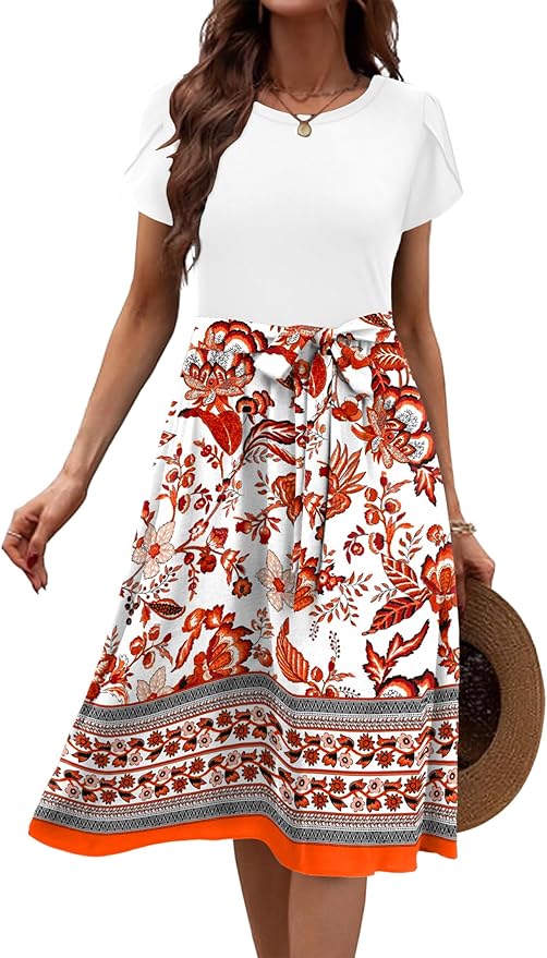 Zeagoo Womens Midi Dress Summer Short Sleeve Dress with Pockets 2025 Casual Floral T-Shirt Dress Flowy Beach Sundress