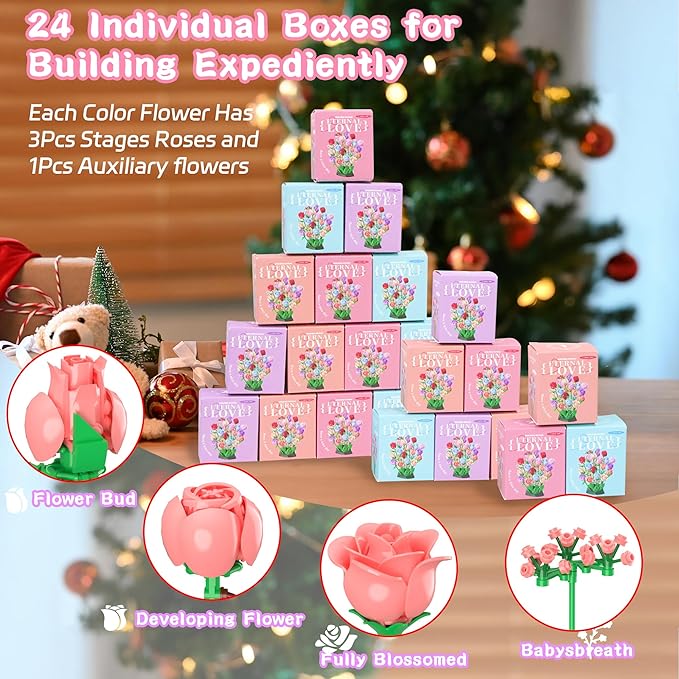 Sopu Colorful Rose Bouquet Flowers Building Set, 24 Boxes 1380Pcs Artificial Flowers Botanical Collection Flowers for Adults Valentines Day Gifts for Her Women Wife Girlfriend Mom