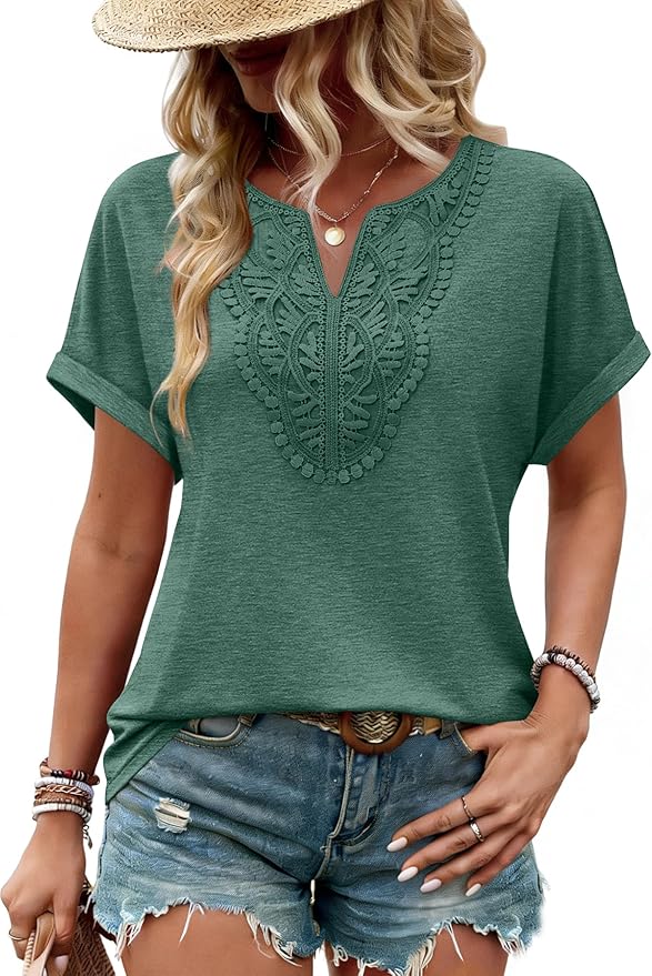 Sipaya Womens Blouses Dressy Casual Summer Shirts Short Sleeve Lace Front Boho Tunic Tops for Leggings Fashion Clothes