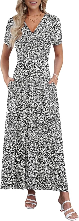 AUSELILY Maxi Dresses for Women Ankle Length Floral Print Beach Long Flowy Dress with Pockets