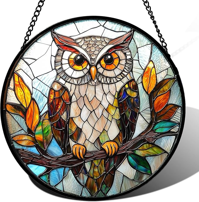 Stained Glass Window Hanging, Owl Colorful Leaves Birds Sun Catchers Diamond Glass Panel Hangings Suncatcher Decor for Birthday for Women, Men, Wife, Aunt, and Mom 14.9x14.9 in