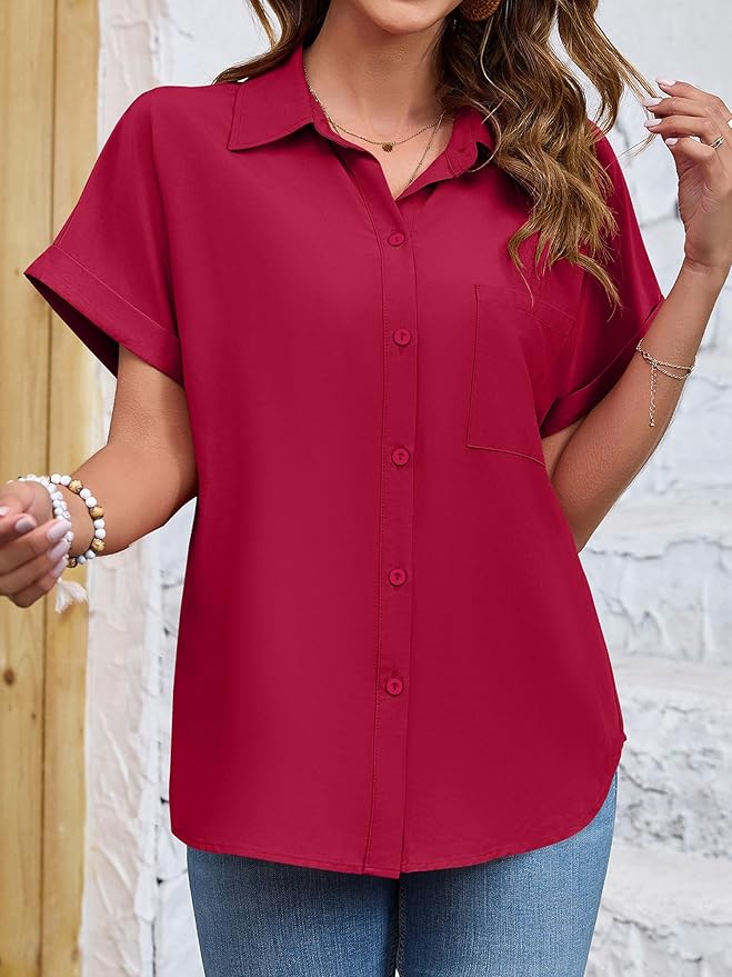 Womens Button Down Shirt Casual Short Sleeve Collared Work Blouse with Pocket