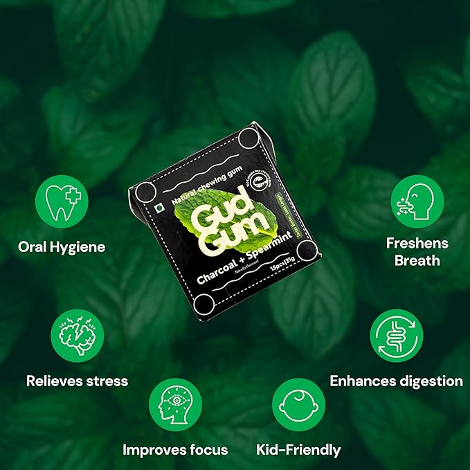 GUDGUM Natural & Sugar-Free Chewing Gum – Plastic-Free, Biodegradable, Vegan (Pack of 4, Charcoal Spearmint)