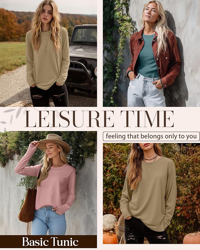 Huukeay 3 Pack Women's Long Sleeve Shirts with Thumb Holes, Cotton Casual Crew Neck Tunic Tops Fall Loose Y2k Trendy Outfits