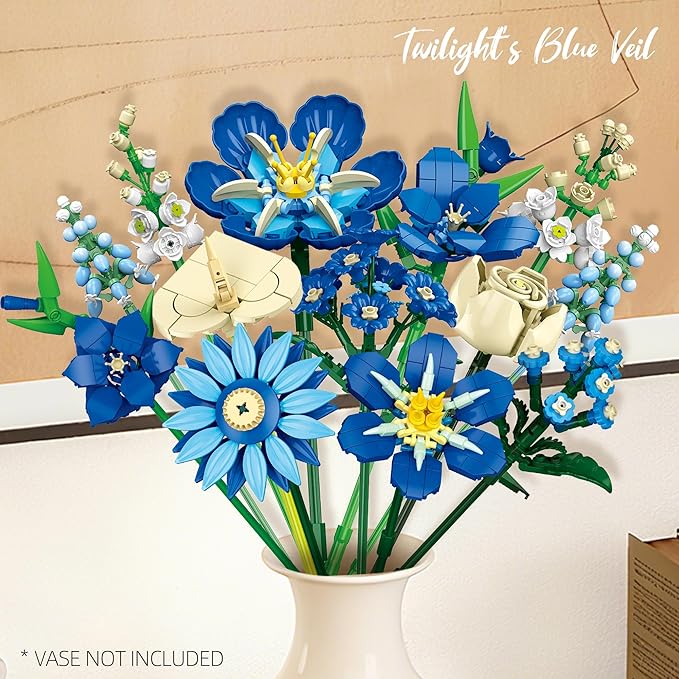 noziaa Flower Bouquet Building Blocks Set, Creative Blue Tulip Artificial Flower Plant Models, Home Decor or Idea Present for Adults and Kids, Valentine's Day Gifts for Girls, 766 PCS-JJ9240