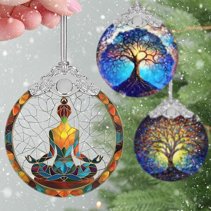Yoga Symbol Christmas Ornaments, 3" Stained Glass Christmas Decor, Christmas Tree Ornaments, Gifts for Friends, Unique Gift Idea, Perfect for Holiday Party, Tree, Window, Home Decor