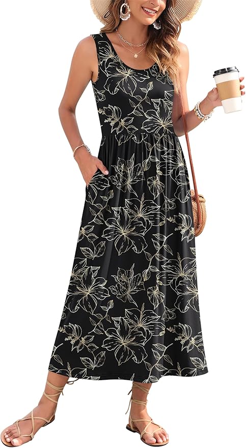 WNEEDU Women's Summer Maxi Dress 2026 Casual Sleeveless Hawaiian Sundress Tropical Long Dress Beach Vacation Outfit