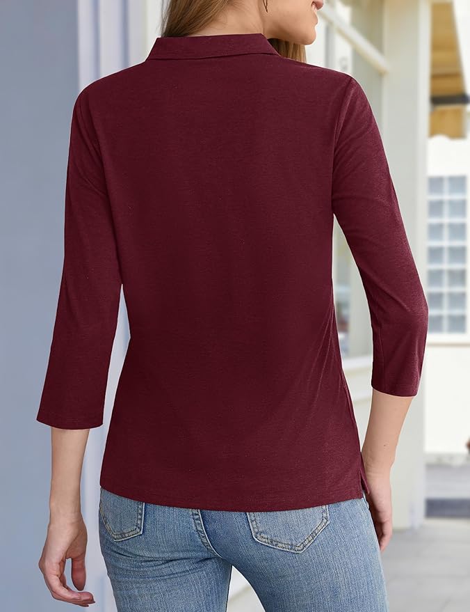 YUCOLEN Polo Shirts for Women 3/4 Sleeve Tops Golf Tees 5-Button Collared Cotton Shirt Business Casual