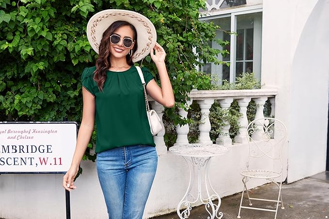 TASAMO Women's Casual Round Neck Basic Pleated Top Cap Sleeve Curved Keyhole Back Chiffon Blouse