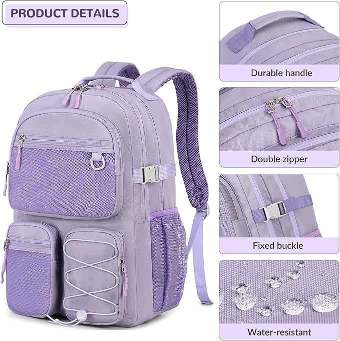 Lohol Water Resistant Backpack with Mulitiple Pockets for Travel Outdoor College, 15.6 inch Laptop Bookbag for Girl and Women (Purple)