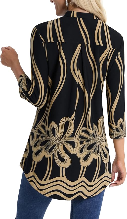 BAISHENGGT 3/4 Sleeve Tops for Women Notch V Neck Floral Work Blouses Dressy Casual Loose Fit Going Out Tunic Tops