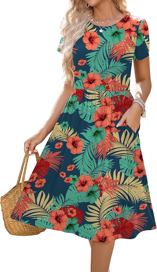 HOTOUCH Women's Summer A-Line Midi Dresses 2026 Casual Floral Short Sleeve T-Shirt Dress Flowy Beach Sundress with Pockets