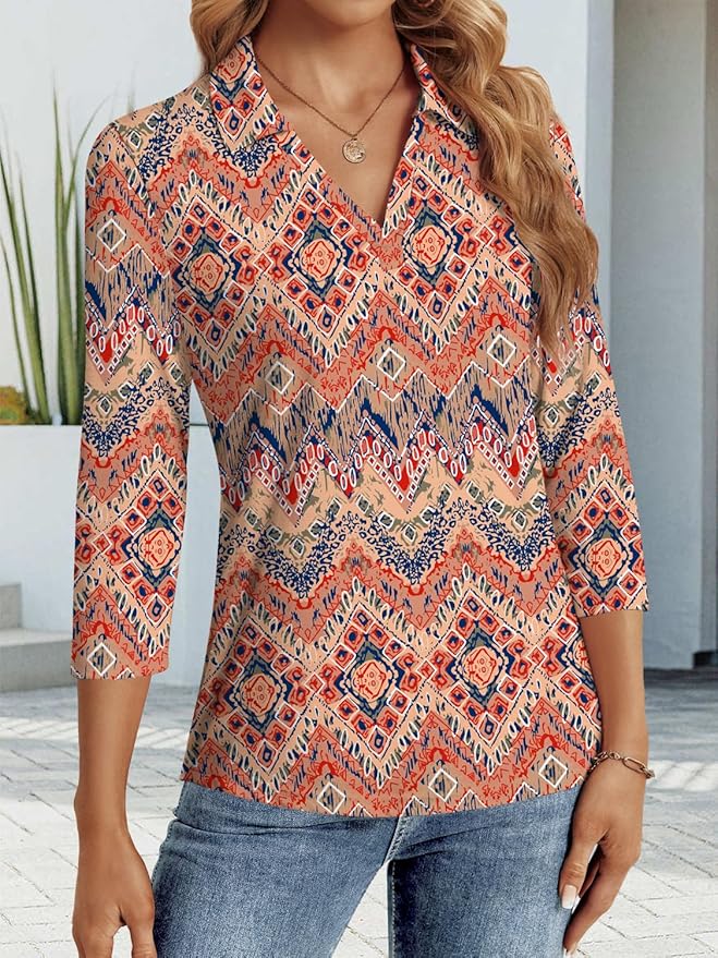 3/4 Length Sleeve Womens Tops Dressy Casual V Neck Polo Shirts Business Work Blouses 2025 Trendy Tunic Top