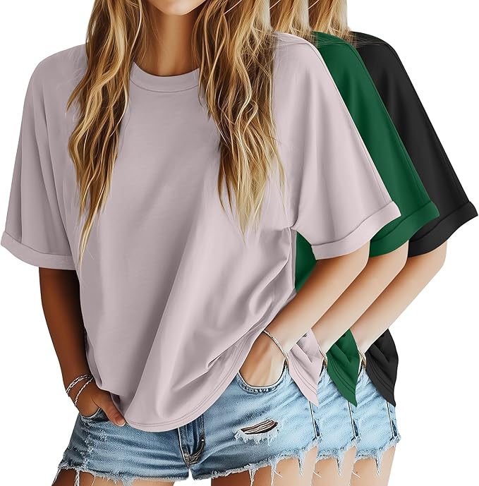 Riyiper 3 Pack Women's Oversized T-Shirt Half Sleeve Summer Tees Casual Loose Fit Crew Neck Basic Tops