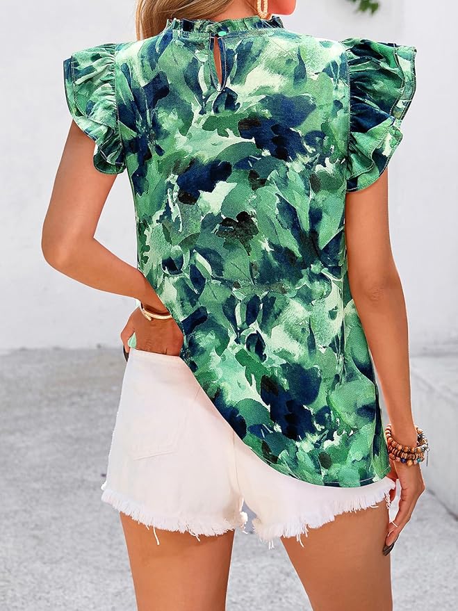 PRETTYGARDEN Women's Ruffle Short Sleeve Summer Tops 2026 Trendy Floral Trim Neck Casual Dressy Chiffon Boho Blouses Shirts