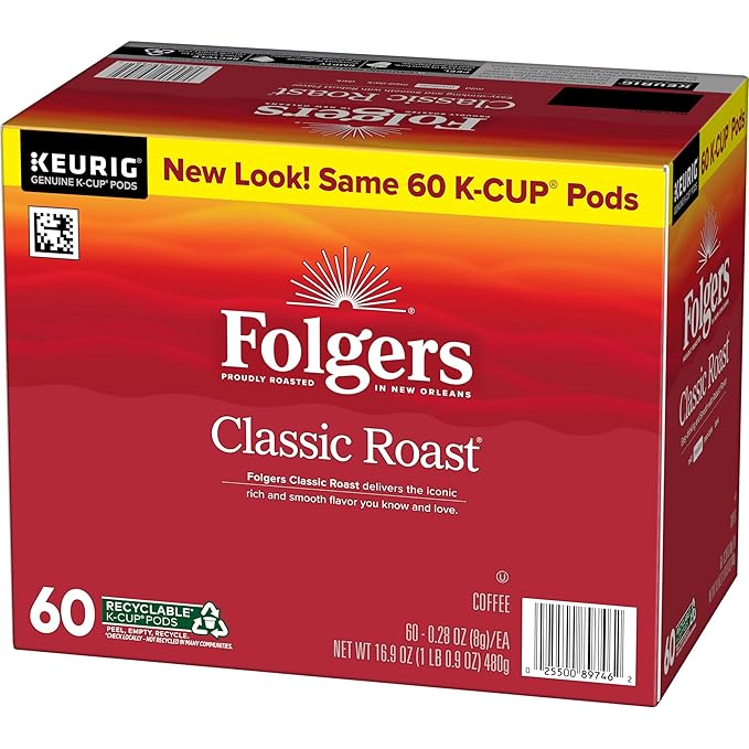 Folgers Classic Roast Coffee, Medium Roast, Keurig K-Cup Pods, 10 Count Box (Pack of 6)