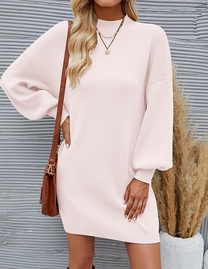 ZESICA Women's 2026 Fall Turtleneck Sweater Dress Oversized Long Lantern Sleeve Casual Knit Pullover Mini Dresses