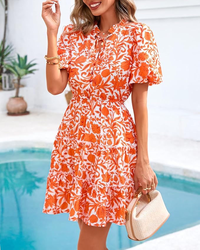 BTFBM Women Summer Floral Short Dresses V Neck Short Sleeve Tiered Ruffle Boho Swing Dress A-Line Mini Dresses