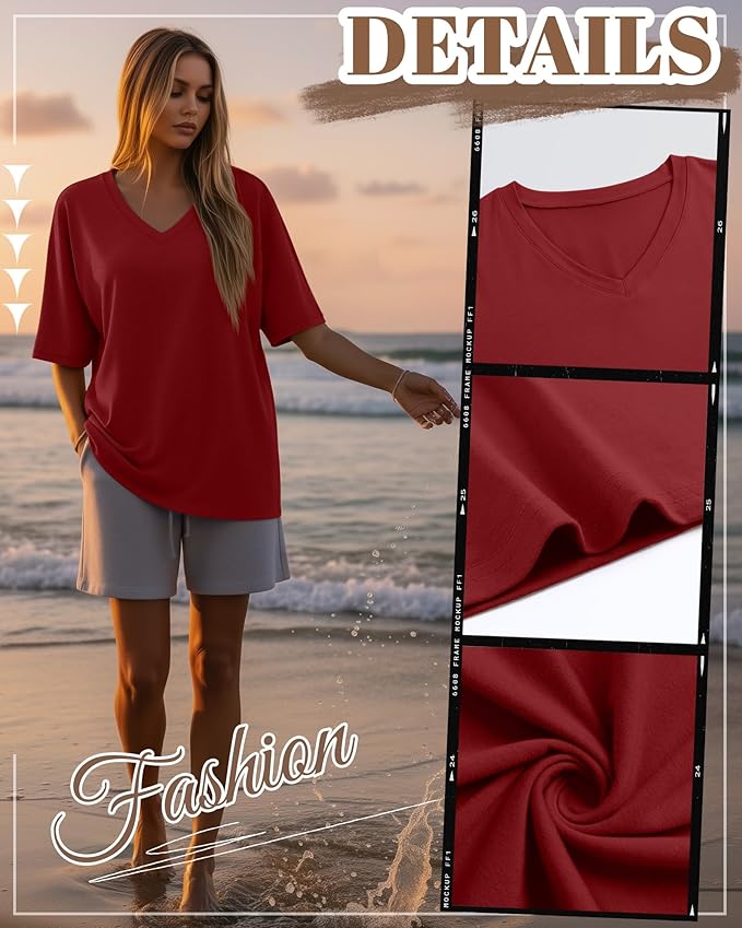 Huukeay Women's Cotton Oversized T Shirts 3 Pack V Neck Loose Fit Half Sleeve Tops Baggy Casual Summer Gym Workout Tees 2026