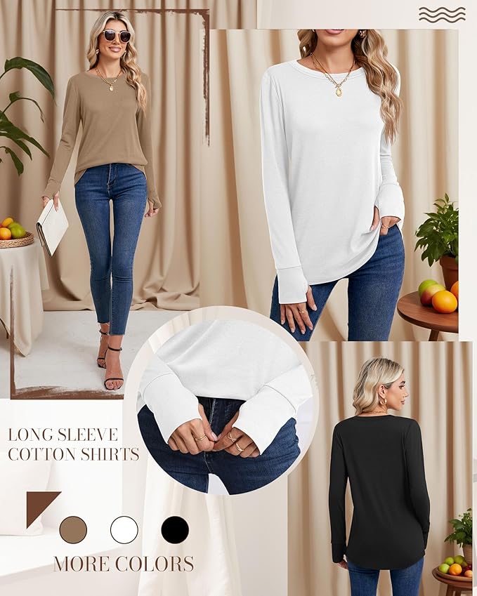 Huukeay 3 Pack Women's Long Sleeve Shirts with Thumb Holes, Cotton Casual Crew Neck Tunic Tops Fall Loose Y2k Trendy Outfits