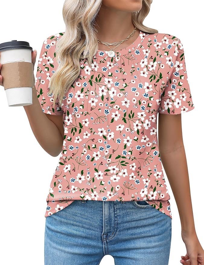 Kistore Womens Casual Crew Neck Short Sleeve Pleated Tops Blouses Fashion Clothes 2026