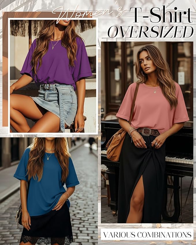 Riyiper 3 Pack Women's Oversized T-Shirt Half Sleeve Summer Tees Casual Loose Fit Crew Neck Basic Tops