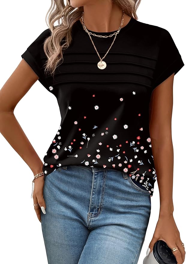 WEESO Womens Summer Tops Trendy 2026 Cap Sleeve T Shirts Crew Neck Pleated Front Beach Vacation Clothes Fashion