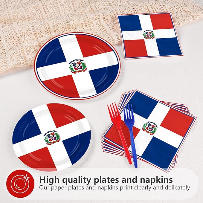 Greencian 96Pcs Dominican Republic Flag Party Decorations Dominican National Plates and Napkins Red White and Blue Flag Tableware Set for Patriotic Country Festival Party Supplies Serves 24